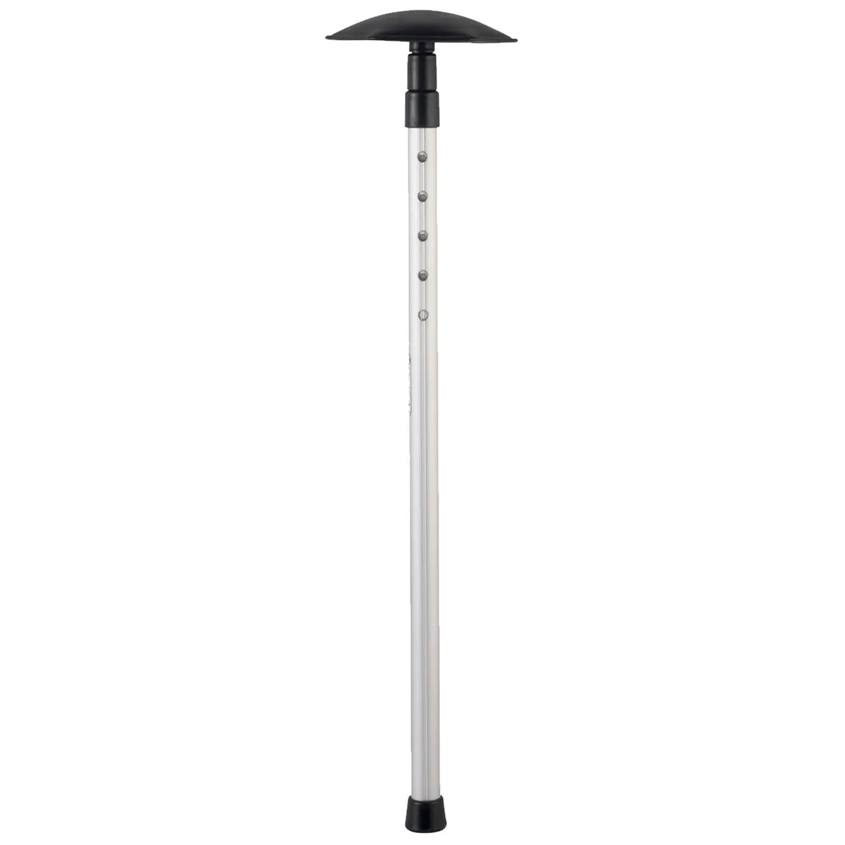 A metal pole with a dome-shaped top stands upright featuring multiple height adjustment holes along its length and a rubberized foot for stability in outdoor settings.