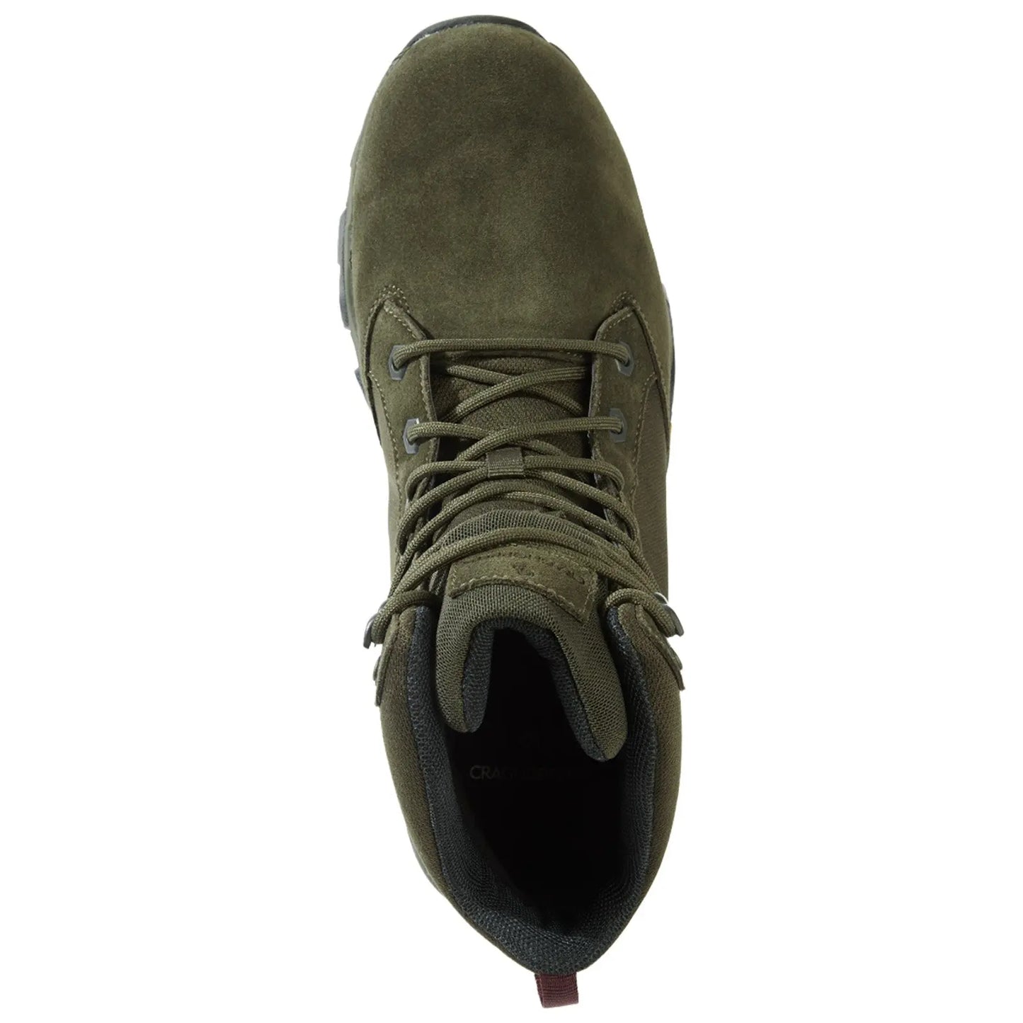 A green hiking boot displays a textured upper with laces tightly secured revealing an interior lined with fabric set against a neutral background emphasizing its rugged design and purpose.