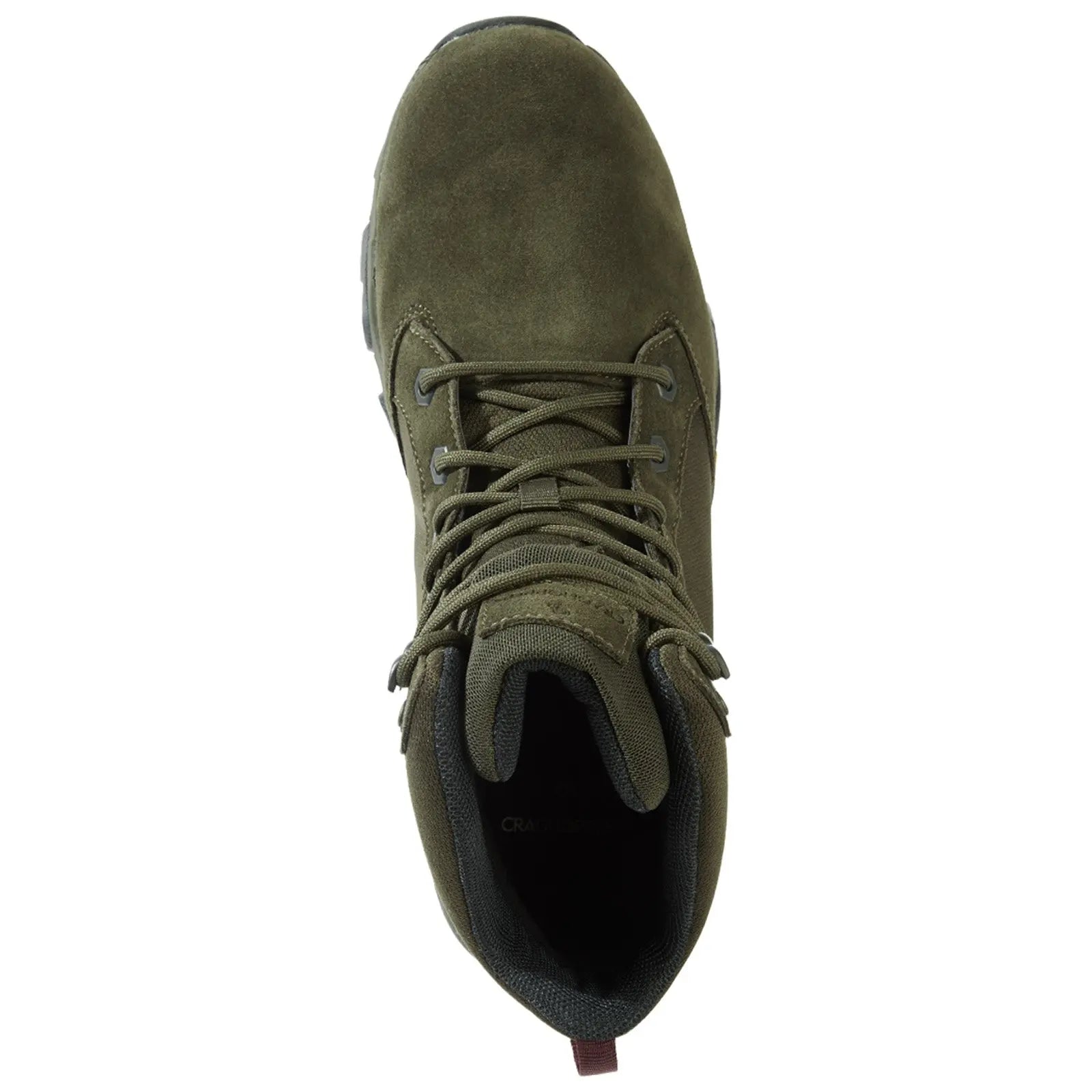 A green hiking boot displays a textured upper with laces tightly secured revealing an interior lined with fabric set against a neutral background emphasizing its rugged design and purpose.