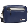A navy blue messenger bag features a white zippered compartment and an adjustable black strap for carrying. It is designed for everyday use and storage of personal items.