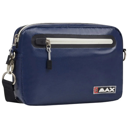 A navy blue messenger bag features a white zippered compartment and an adjustable black strap for carrying. It is designed for everyday use and storage of personal items.
