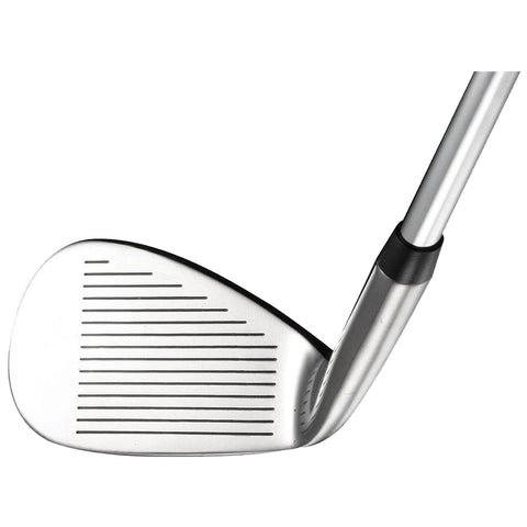 A golf club head is positioned at an angle with visible grooves on the striking surface reflecting light against a plain background emphasizing its metallic finish and design features.