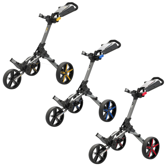 Three golf push carts are displayed in a row featuring adjustable handles and three wheels each. They are designed for ease of movement on a golf course with varying colors and attachments.