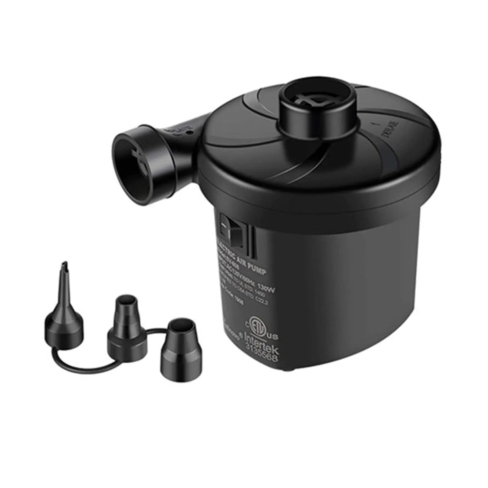 A compact black electric air pump is positioned upright with multiple nozzle attachments nearby intended for inflating items in a household or outdoor setting.