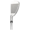 A golf club head is displayed showing a flat striking surface with horizontal grooves designed for contact with a golf ball the shiny metal contrasts with a simple background.