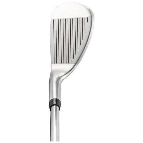 A golf club head is displayed showing a flat striking surface with horizontal grooves designed for contact with a golf ball the shiny metal contrasts with a simple background.