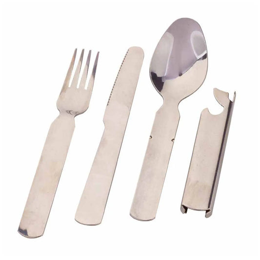 A set of stainless steel utensils including a fork, knife, spoon, and a can opener are arranged side by side on a plain background ready for use during a meal.