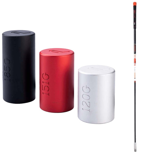 A set of three cylindrical weights in black red and white labeled with their weights adjacent to a long black swing trainer with colored accents positioned vertically