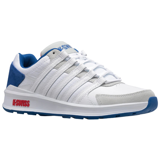 A pair of athletic shoes is displayed with a predominantly white upper accented by blue and gray elements the shoes are positioned on a plain background showcasing their design and branding