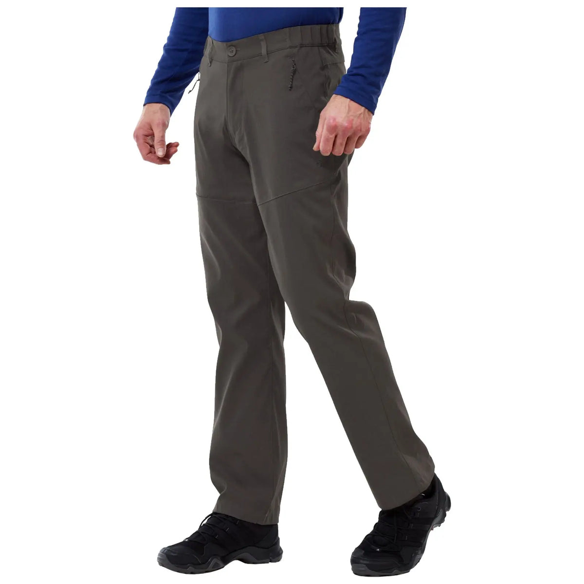 Craghoppers Mens Kiwi Pro II Walking Trousers A person stands side-on wearing gray outdoor pants and black shoes while sporting a blue long-sleeve shirt with a fitted design in a neutral background.