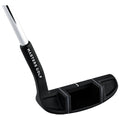 A black golf putter rests on a flat surface with a shiny steel shaft and a textured grip labeled MASTERS GOLF showcasing its design and function in a sports context.