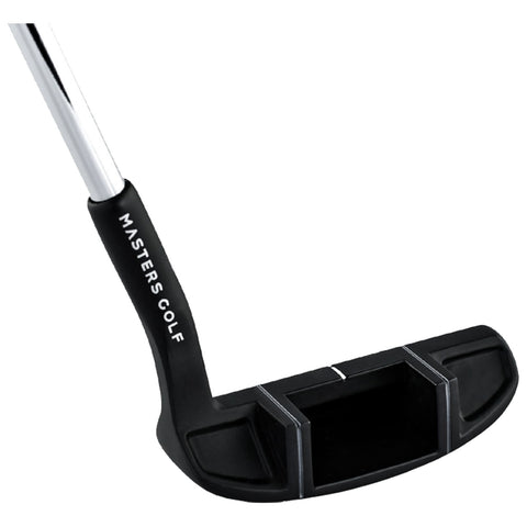 A black golf putter rests on a flat surface with a shiny steel shaft and a textured grip labeled MASTERS GOLF showcasing its design and function in a sports context.