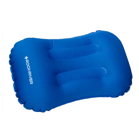 A blue inflatable pillow with contoured sections is positioned flat. It is designed for comfort, likely intended for outdoor activities or travel, providing support during rest or relaxation.