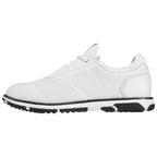 A white athletic shoe features a smooth upper with perforations and a black sole. It is positioned on a neutral background suggesting a casual sporty context for wearing.