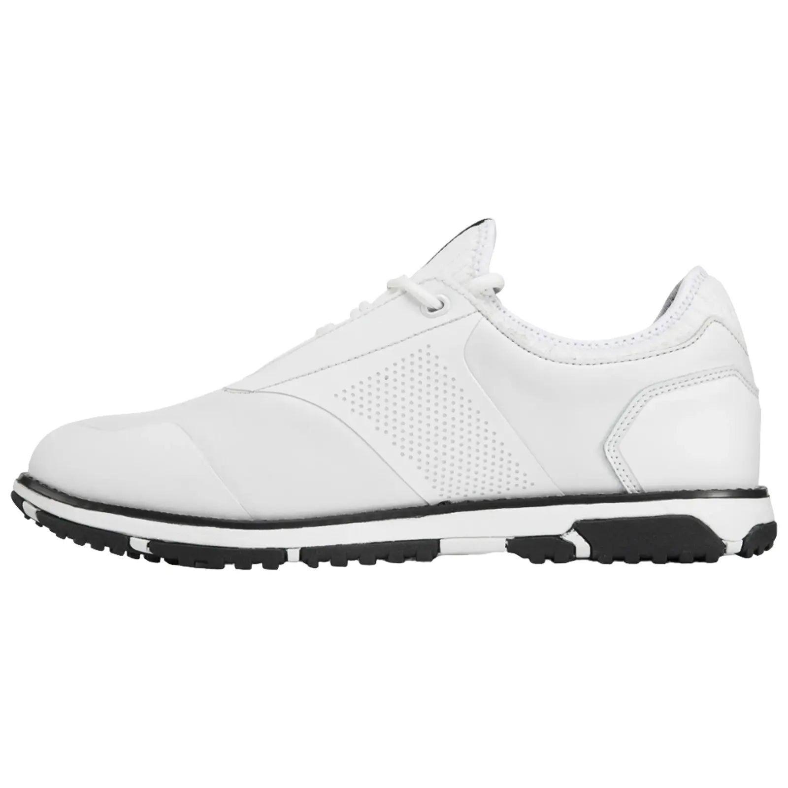 A white athletic shoe features a smooth upper with perforations and a black sole. It is positioned on a neutral background suggesting a casual sporty context for wearing.