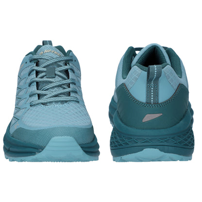 A pair of teal running shoes is displayed side by side showing the front and back views positioned on a plain white background highlighting their design and color details.