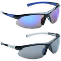 A pair of sunglasses rests on a flat surface with one pair featuring blue mirrored lenses and another with dark gray lenses. Both have sleek black and white frames.
