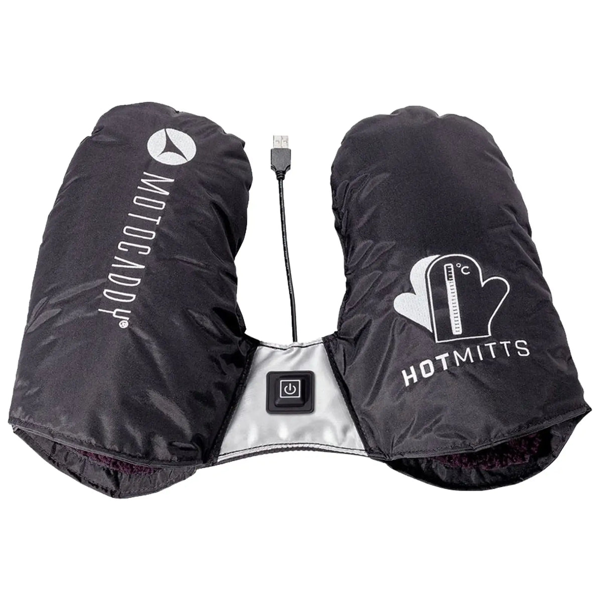 Black heated mittens with a USB connection and a power button are prominently displayed with branding visible they are designed to keep hands warm in cold conditions.