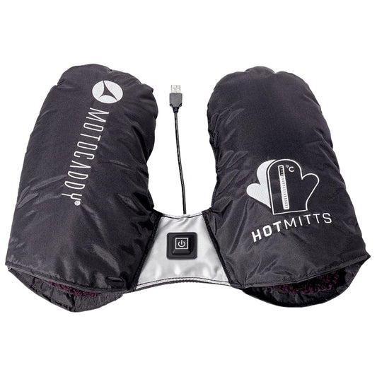 Black heated mittens with a USB connection and a power button are prominently displayed with branding visible they are designed to keep hands warm in cold conditions.