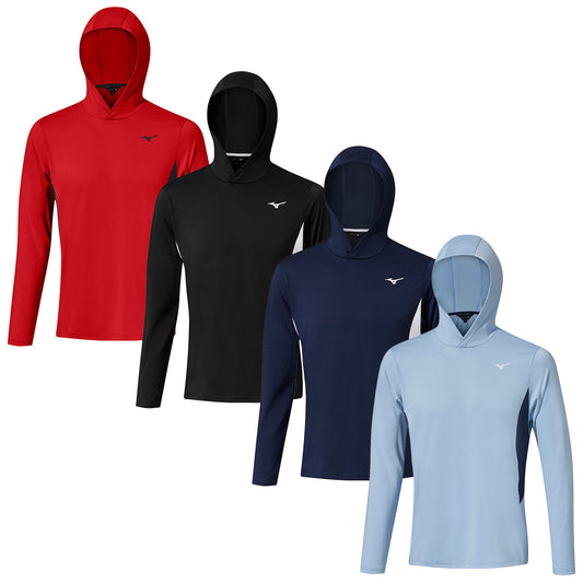 A collection of four long-sleeved hooded shirts in red black navy blue and light blue is displayed side by side showcasing their athletic design and varying colors against a plain background