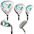Five golf clubs are displayed including a driver a 3-wood a hybrid an iron and a putter all featuring shiny metallic surfaces with teal and black accents labeled with the brand Ben Sayers.