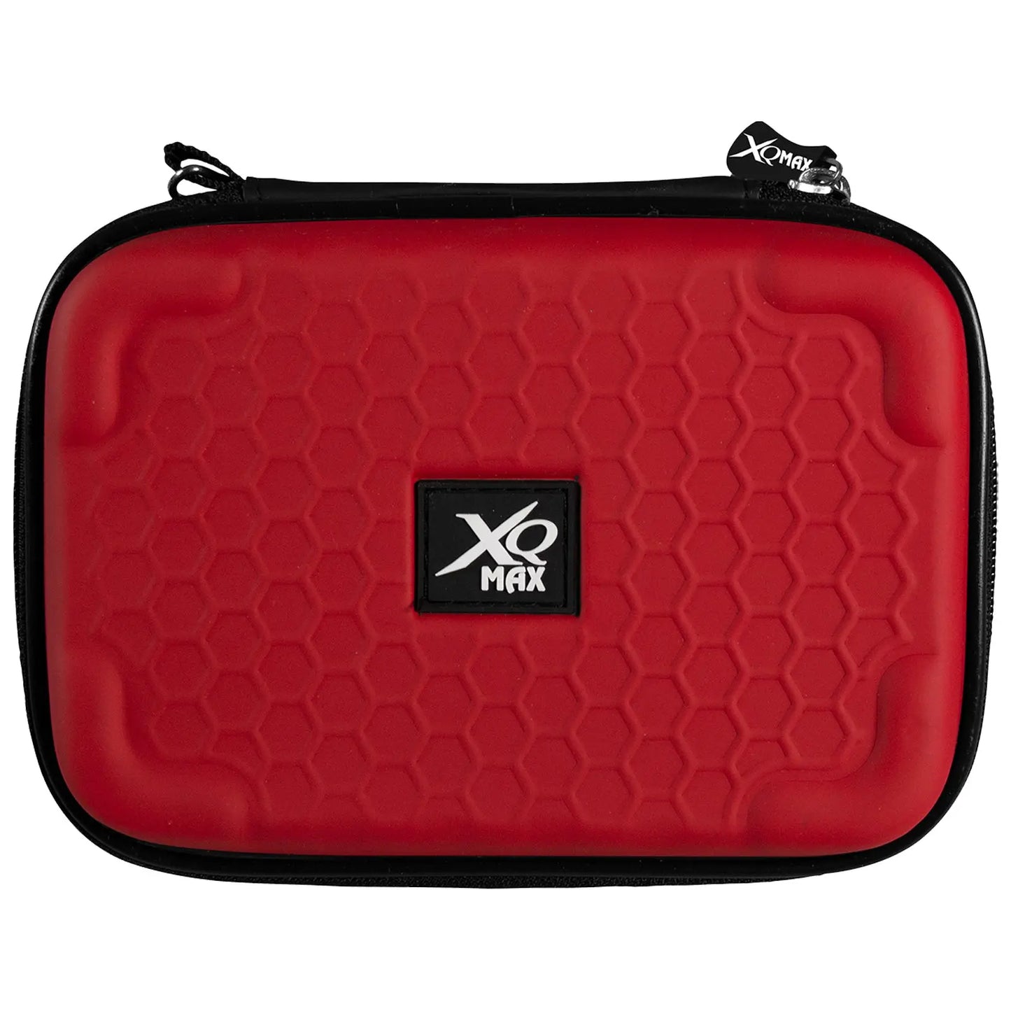 A rectangular red case with a honeycomb texture is closed and features a black zipper and a small brand label in the center displaying the name Xo Max.