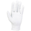 A white golf glove is displayed with all fingers shown and perforations for breathability. It is designed for grip and comfort during golfing activity, highlighting its smooth leather texture.