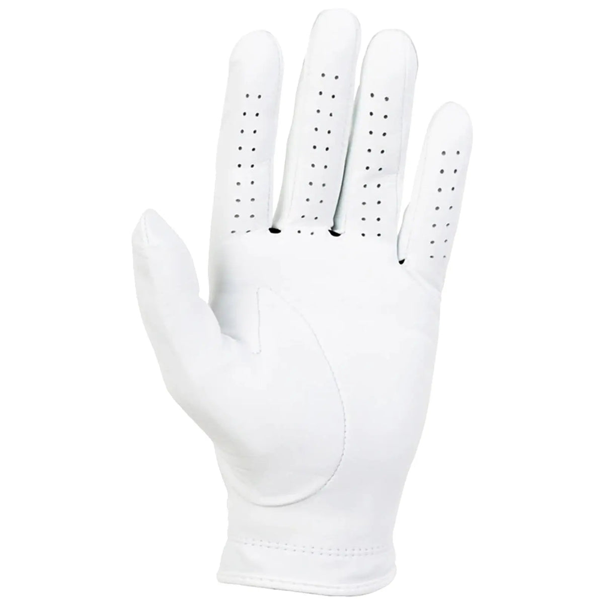 A white golf glove is displayed with all fingers shown and perforations for breathability. It is designed for grip and comfort during golfing activity, highlighting its smooth leather texture.