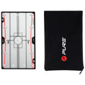 A rectangular training board featuring red outlines for marking positions sits beside a zipped black pouch with a red logo. The board serves as a strategy tool for practice sessions.