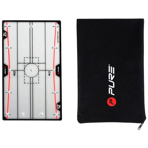 A rectangular training board featuring red outlines for marking positions sits beside a zipped black pouch with a red logo. The board serves as a strategy tool for practice sessions.
