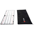 A rectangular training mat displays straight lines and markers for alignment placed beside a black carrying pouch featuring a logo indicating the brand Pure in a neutral background.