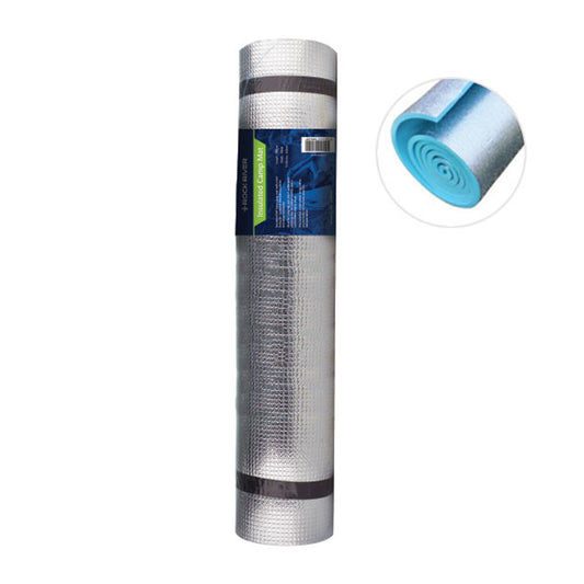 A rolled insulated camping mat is standing upright showcasing a textured silver surface with black bands and a label. An inset image illustrates a blue underside with a curled edge.