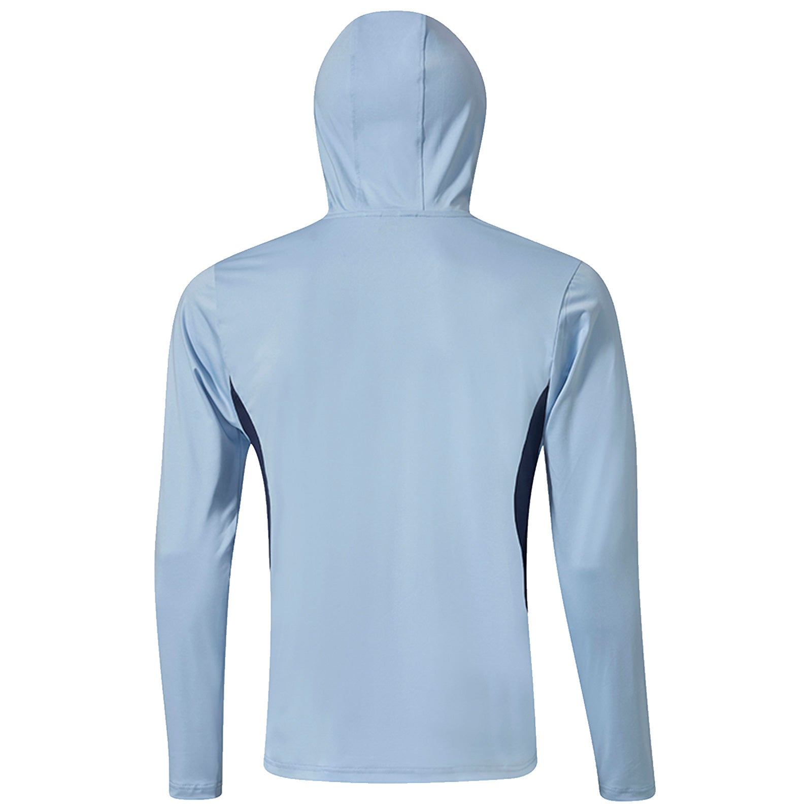 A light blue long-sleeve hoodie is displayed hanging with its back facing forward showcasing a clean design and hood while the environment is neutral and uncluttered.