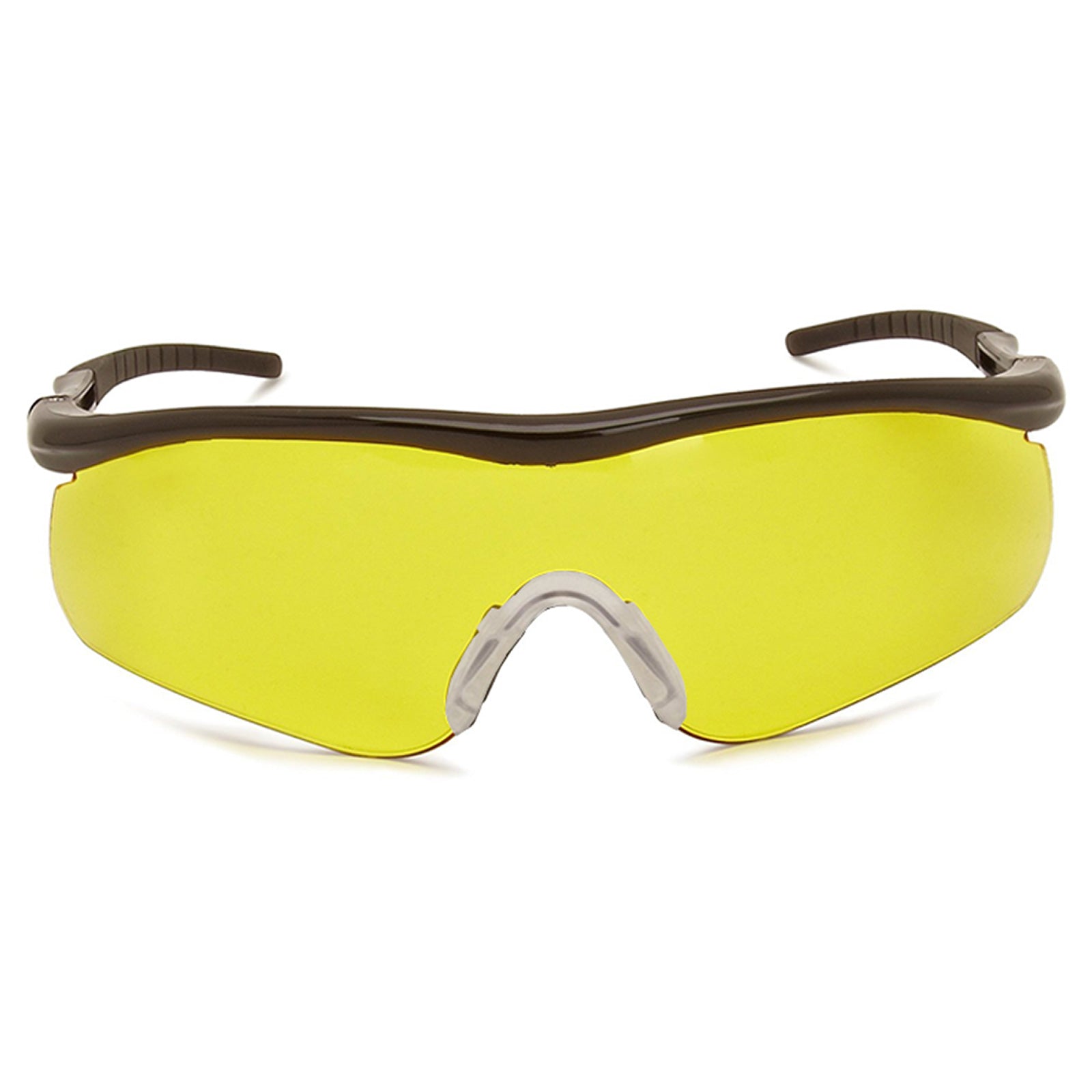 A pair of yellow-tinted safety glasses rests upright on a flat surface featuring a sleek design with dark frames and a rubber nose piece suitable for protective eyewear in various environments.