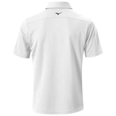 A white polo shirt hangs displayed with short sleeves and a collar featuring a small black logo at the back in a simple, minimalistic setting.