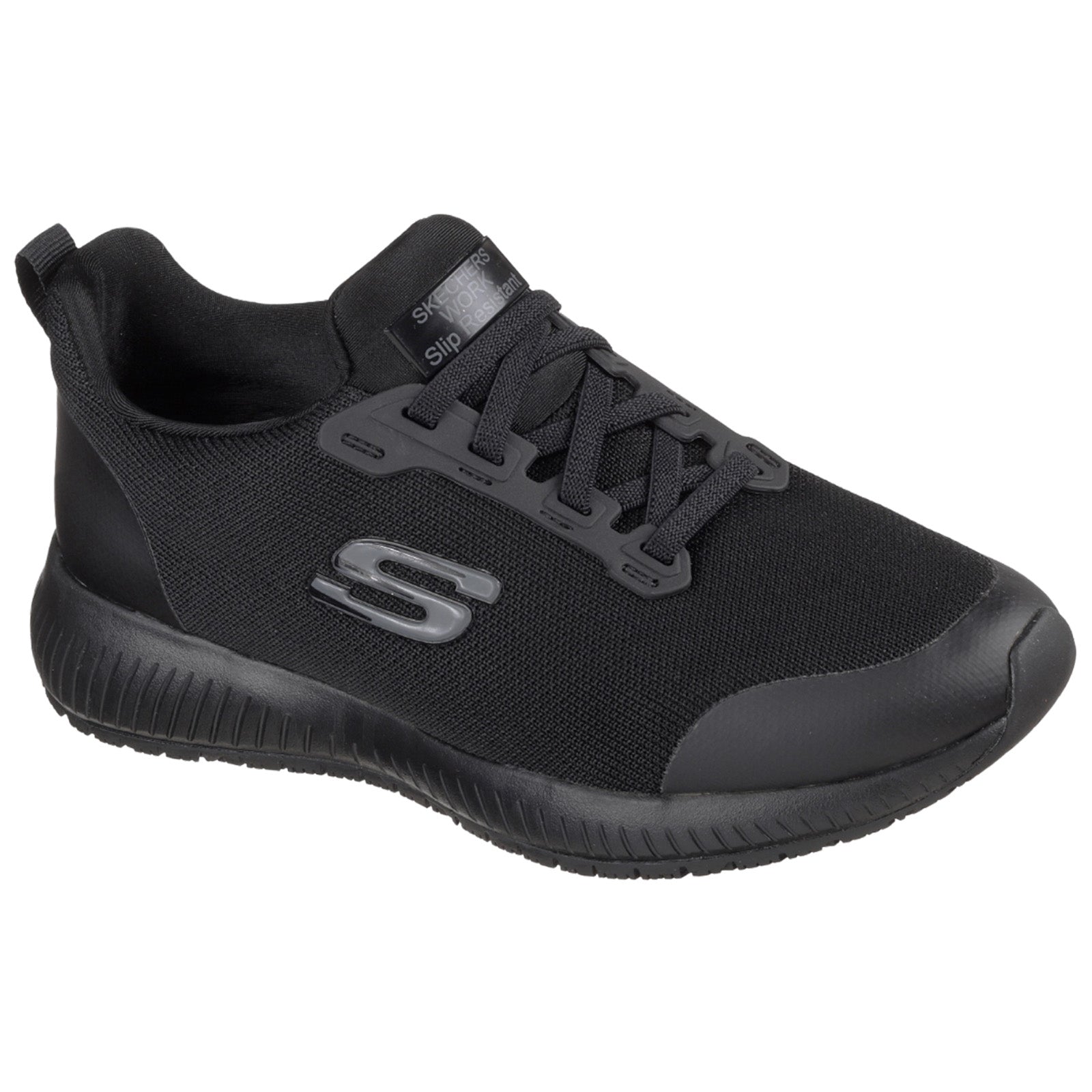 A black athletic shoe with a textured upper and a cushioned sole is positioned at an angle showcasing its design features and logo against a neutral background.