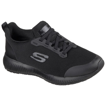 A black athletic shoe with a textured upper and a cushioned sole is positioned at an angle showcasing its design features and logo against a neutral background.