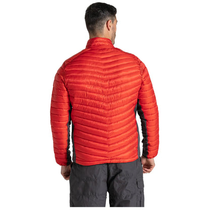 A man wears a bright red puffy jacket with black sleeves facing away. The surrounding context is unspecified but suggests an outdoor or casual setting suitable for cool weather.