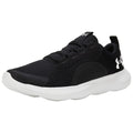 A black athletic shoe is positioned at an angle showcasing its mesh upper and cushioned sole featuring a prominent white logo along with a textured panel for support.