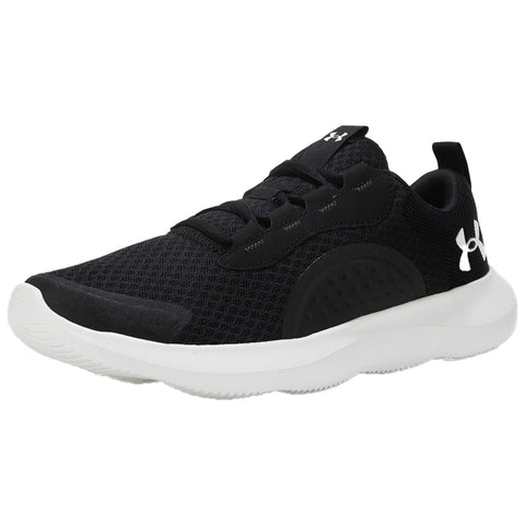 A black athletic shoe is positioned at an angle showcasing its mesh upper and cushioned sole featuring a prominent white logo along with a textured panel for support.