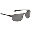 Sunglasses with dark lenses are positioned to showcase their sleek design and angular shape resting against a neutral background highlighting their reflective qualities and stylish frame.
