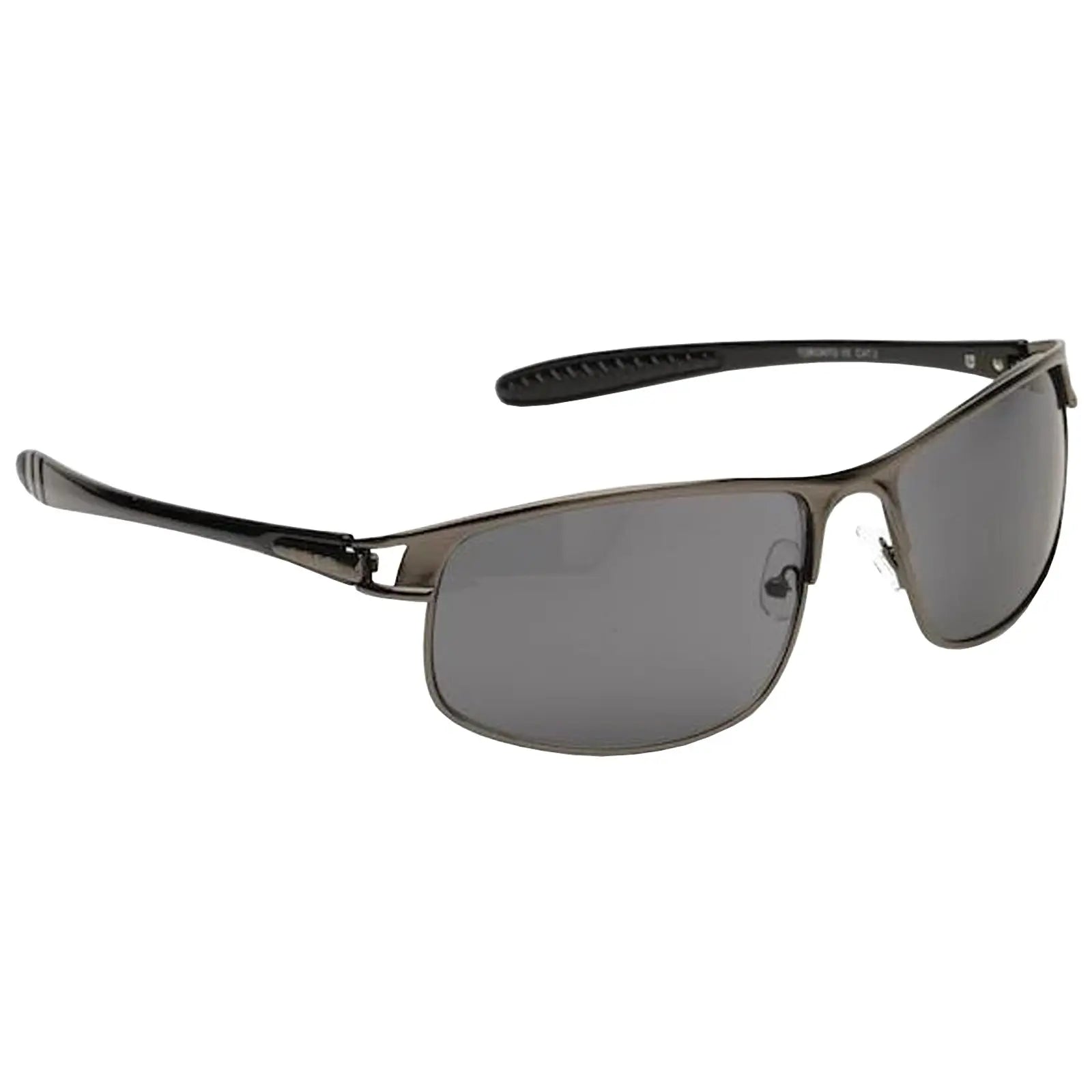 Sunglasses with dark lenses are positioned to showcase their sleek design and angular shape resting against a neutral background highlighting their reflective qualities and stylish frame.