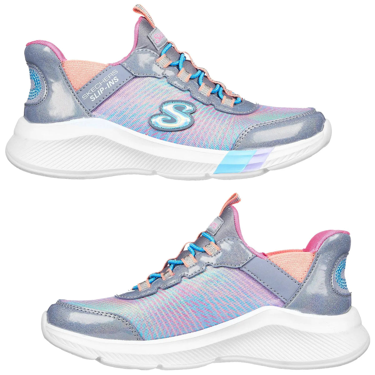 A pair of gray athletic shoes is designed with a mesh upper and colorful accents. The shoes are positioned side by side to showcase their sleek style and supportive design.