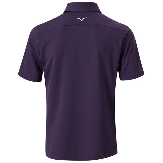 A purple short-sleeved polo shirt is displayed facing away from the viewer, showcasing a subtle logo on the upper back, likely intended for casual or athletic wear.