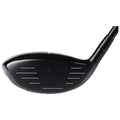 A black golf club driver is showcased with a sleek head featuring horizontal markings on the face designed for striking a golf ball on a course.