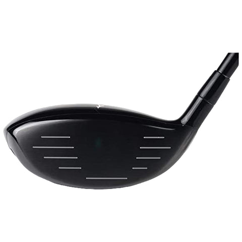 A black golf club driver is showcased with a sleek head featuring horizontal markings on the face designed for striking a golf ball on a course.