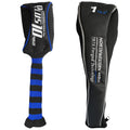 Two golf club headcovers are displayed side by side. One has a striped blue and black design while the other features a sleek dark cover with text about its technology and specifications.