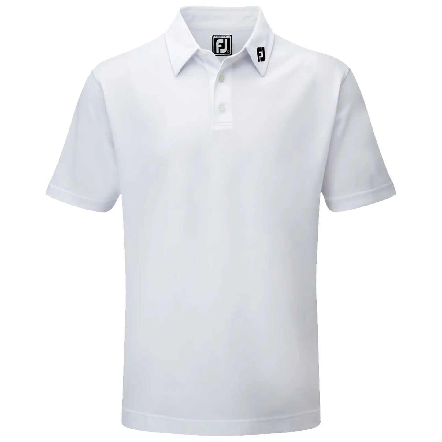 A white polo shirt is displayed with a collar and three buttons at the neck featuring a small logo on the left side made by FJ showcasing a clean and simple design.
