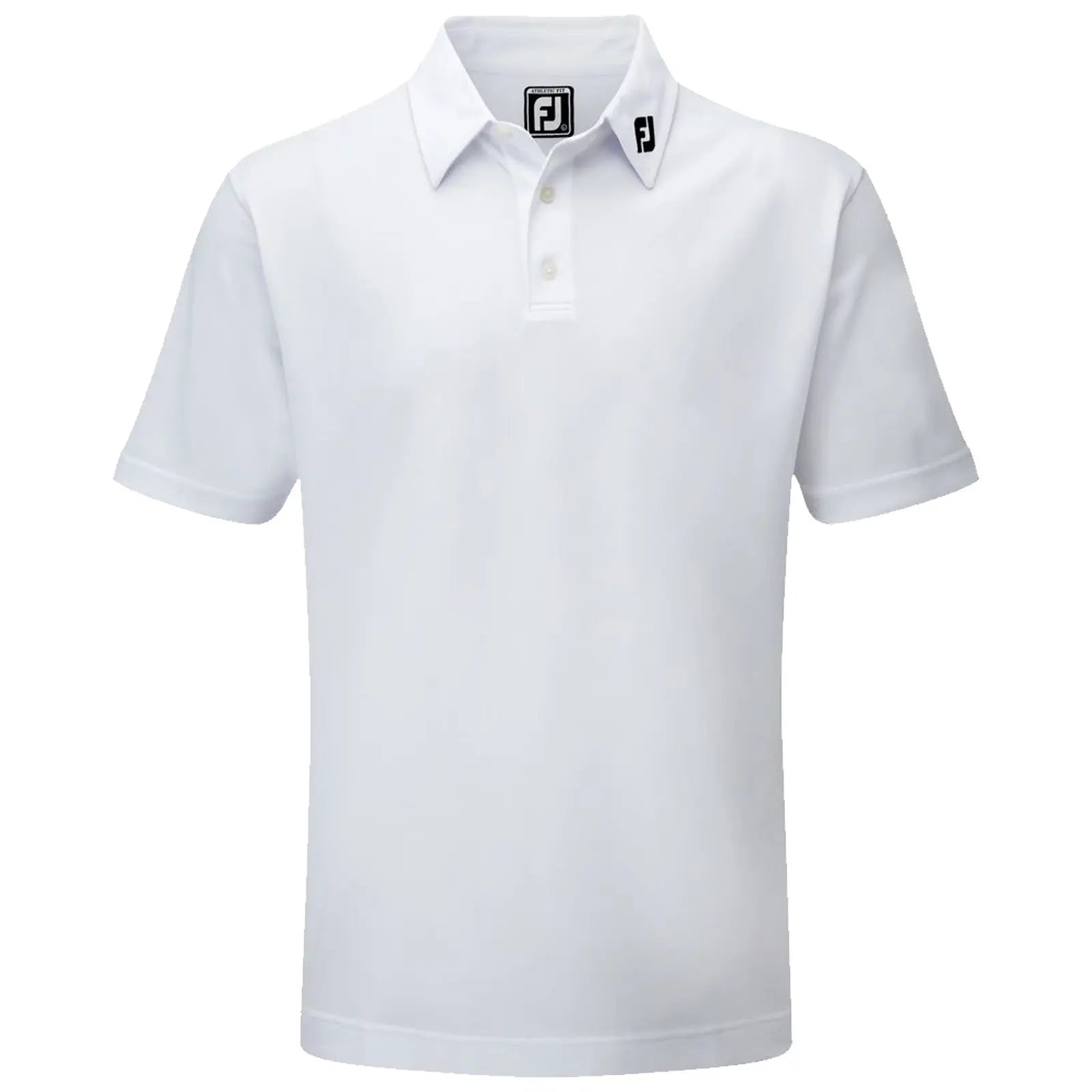 A white polo shirt is displayed with a collar and three buttons at the neck featuring a small logo on the left side made by FJ showcasing a clean and simple design.