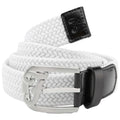 A white woven belt with a silver buckle featuring a stylized letter F is coiled on a flat surface showcasing its flexible braided texture and contrasting black leather tip and keeper.